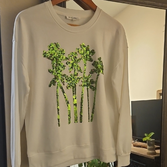 Workshop Republic Clothing Tops - Workshop Republic Clothing White Sweatshirt with Green Sequin Design